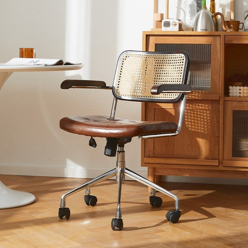 black leather desk chair with wheels