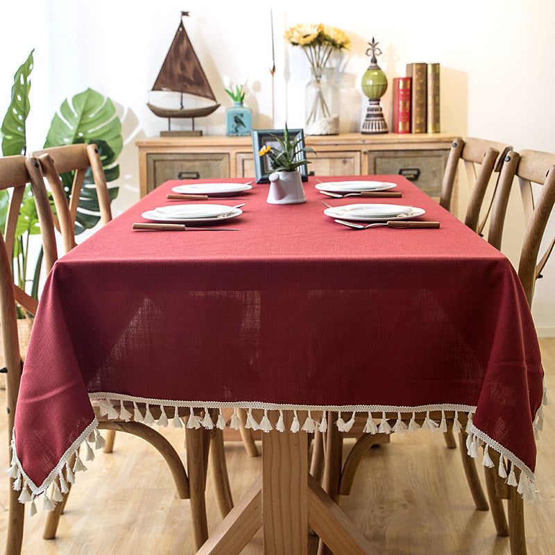 Tasselled Linen Plain Tablecloth