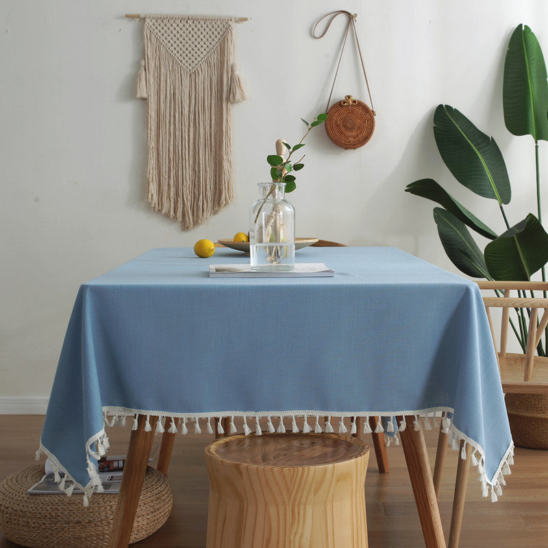 Tasselled Linen Plain Tablecloth