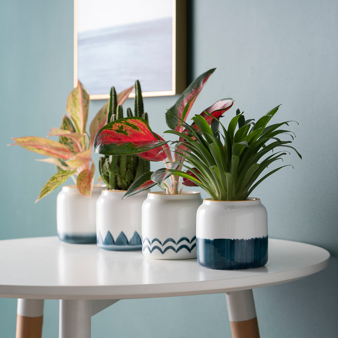 Teal & White Ceramic Planter