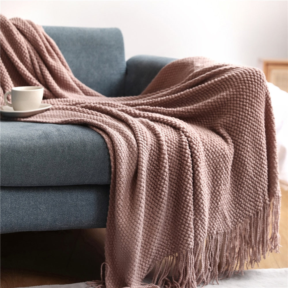 Knitted Tassel Throw Blanket