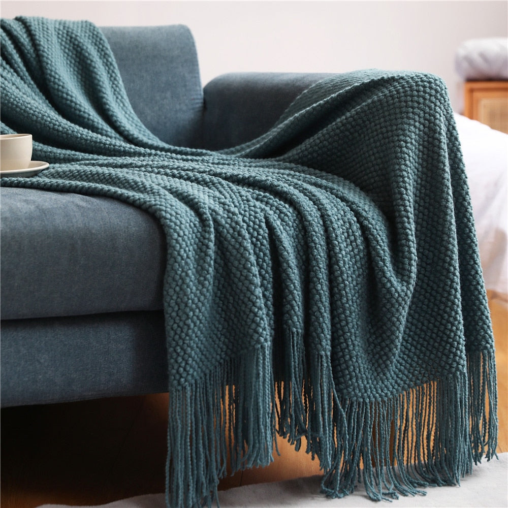 Knitted Tassel Throw Blanket