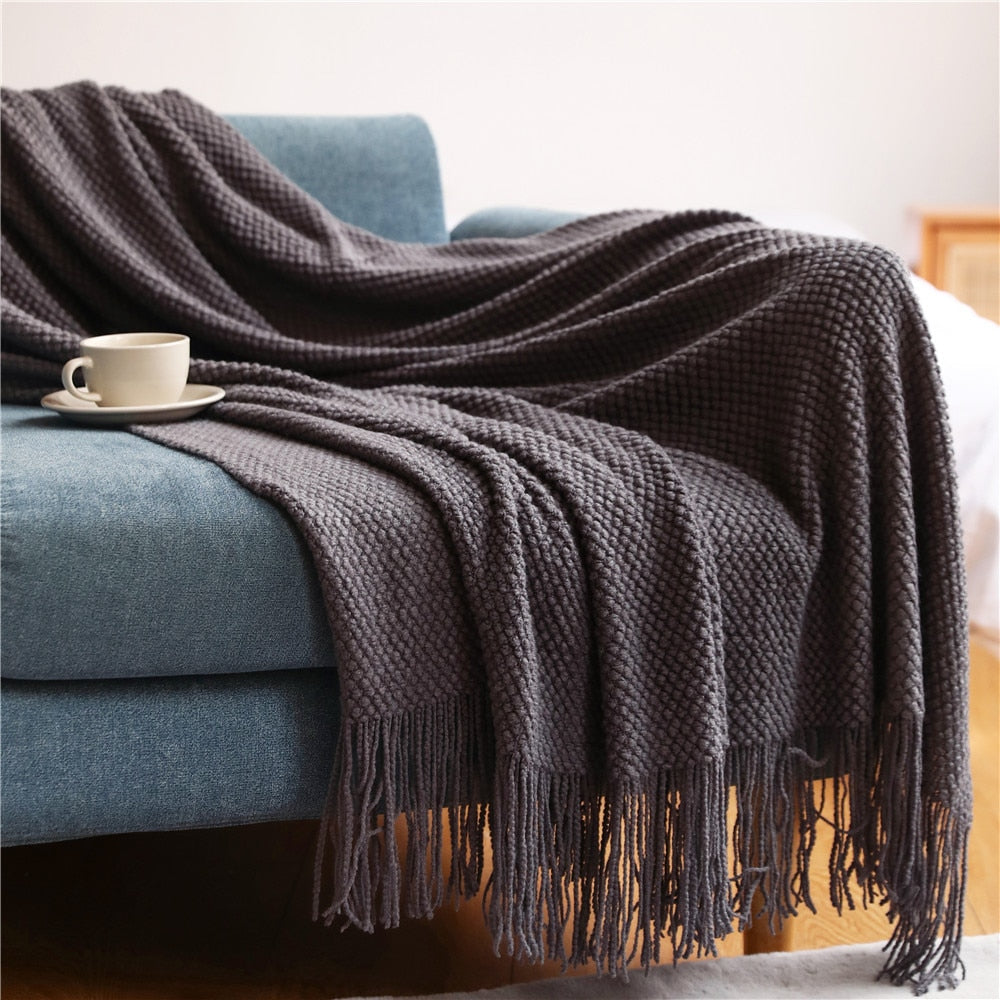 Knitted Tassel Throw Blanket