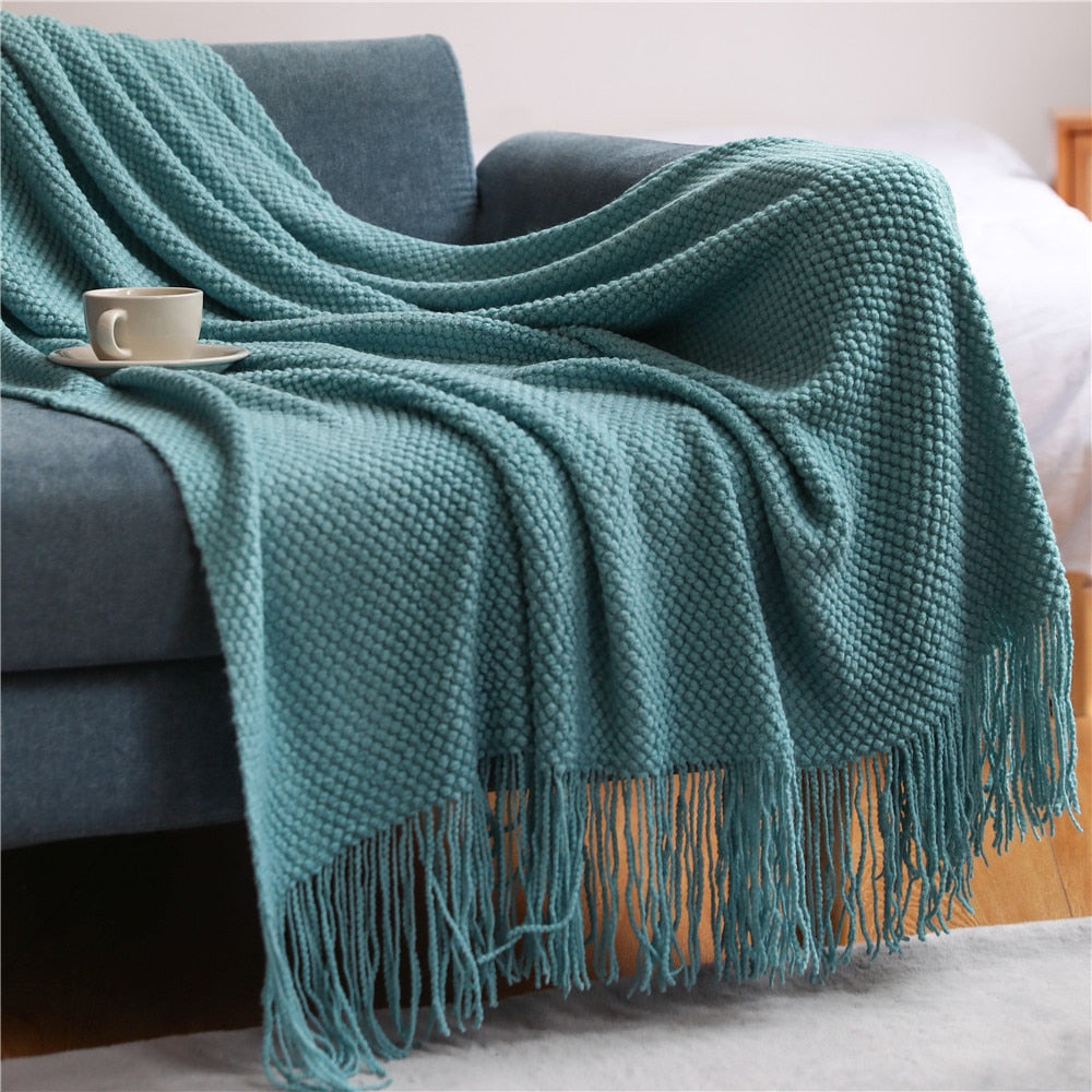 Knitted Tassel Throw Blanket