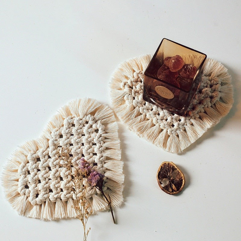 Woven Heart Macrame Coasters