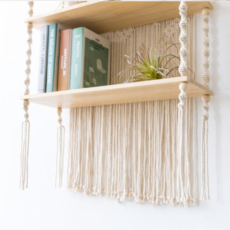 macrame wooden hanging shelf